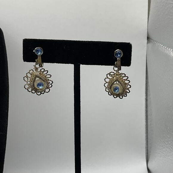 Vintage Wirework Necklace & Earrings Set Blue Glass Cabochons 17” w/ 2” Drop - Picture 4 of 12